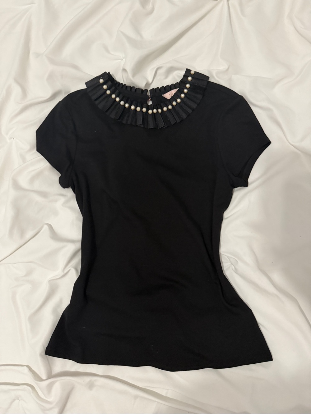 Ted Baker Black Short Sleeve Top with Pleated Pearl-Trim Collar